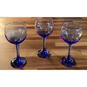 Set of 3 Vintage Libbey Premiere Cobalt Blue Stemware Wine Glasses 7”